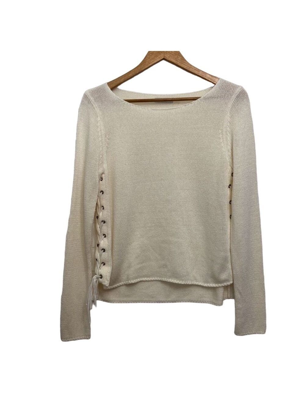 DEX off white knit sweater lace-up details small-medium cream sweater